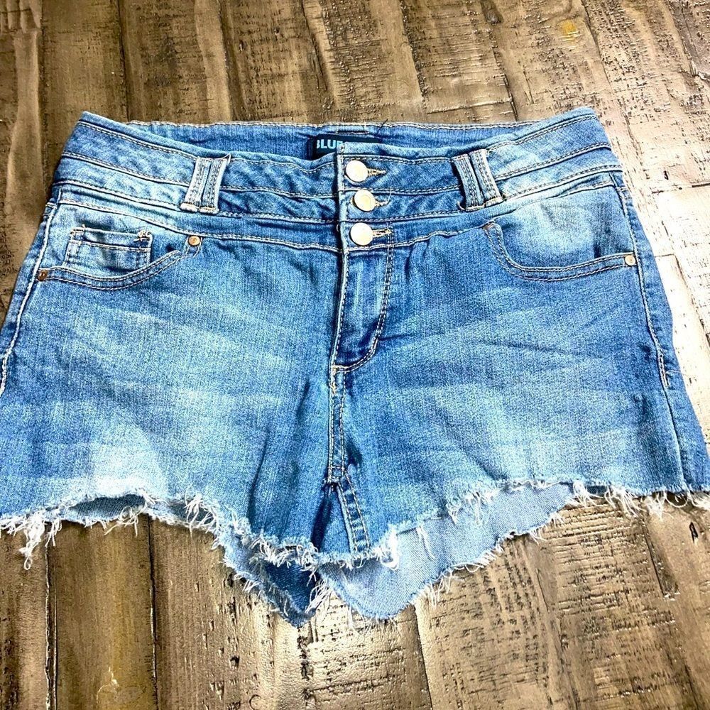 Blue spice high waist fringed bottom denim shorts